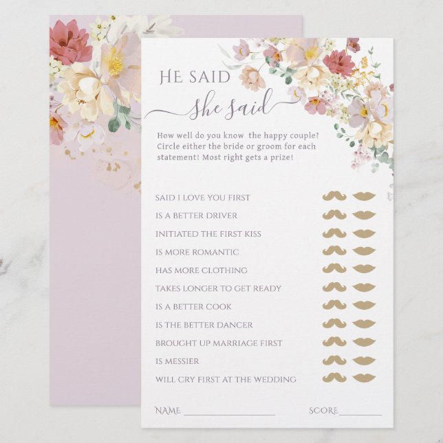 Watercolor Wildflower Purple Spring Bridal game (Front/Back)