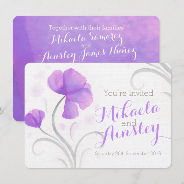 Watercolor wildflower purple wedding invite (Front/Back)