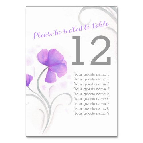 Watercolor wildflower purple wedding table number