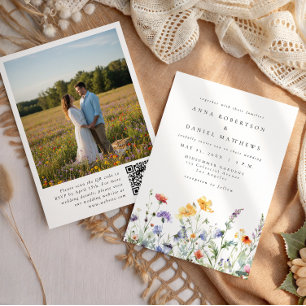 Watercolor Wildflower QR Code Photo Wedding Invitation