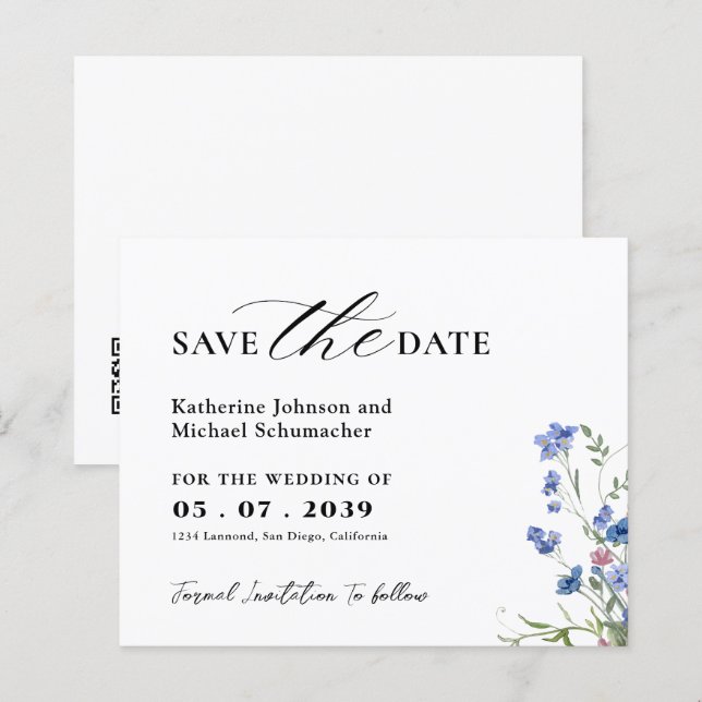 Watercolor Wildflower QRcode Wedding Save The Date (Front/Back)