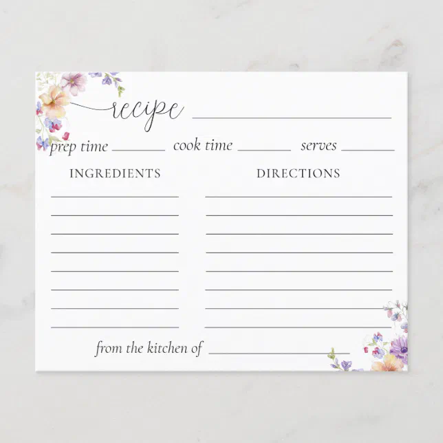 Watercolor Wildflower Recipe Card | Zazzle