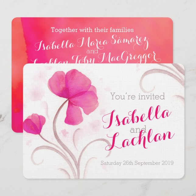 Watercolor wildflower red pink wedding invite (Front/Back)