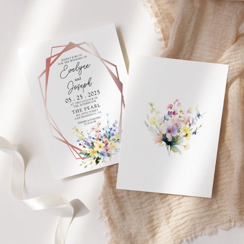 Watercolor Wildflower Rose Gold Frame Boho Wedding Invitation