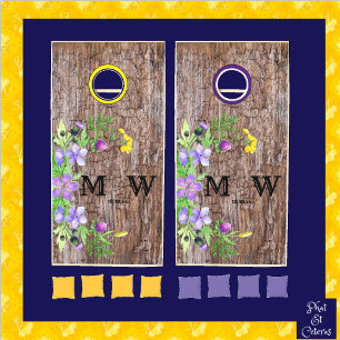 Watercolor Wildflower Rustic Wood Monogram Wedding Cornhole Set