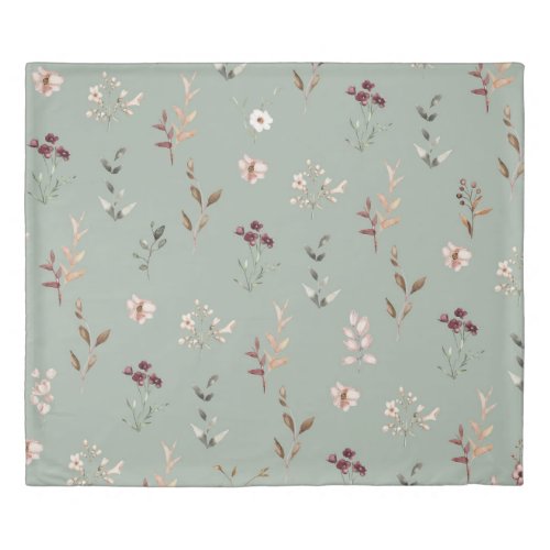 Watercolor Wildflower Sage Green Botanical Floral Duvet Cover