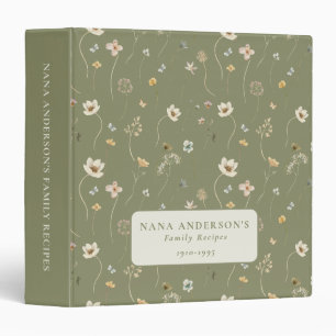 Watercolor Wildflower Sage Green Recipe 3 Ring Binder