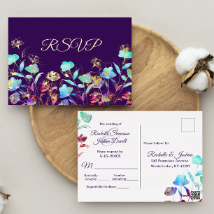 Watercolor Wildflower Script Wedding RSVP Gold Foil Invitation Postcard