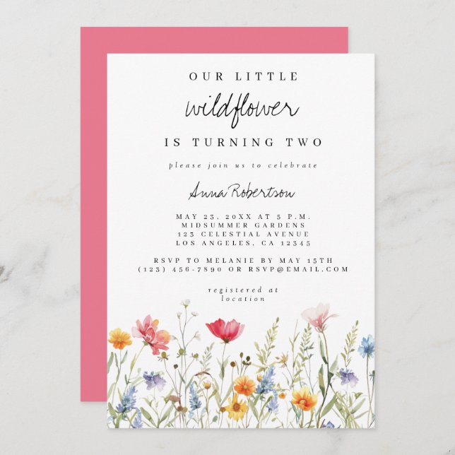 Watercolor Wildflower Second Birthday Party Invitation (Front/Back)