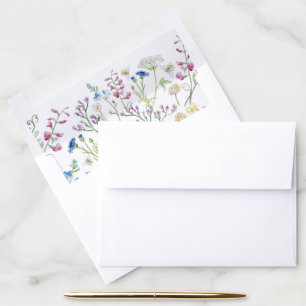 Watercolor wildflower sketches green wedding envelope liner