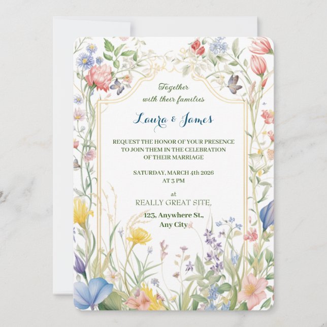 Watercolor Wildflower Spring Garden Floral Wedding Invitation (Front)