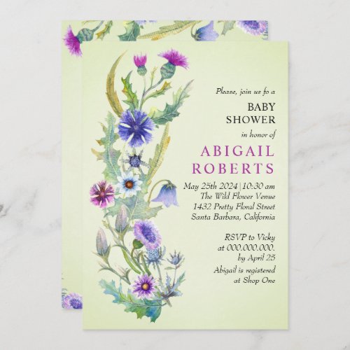 Watercolor wildflower Spring green Baby Shower  Invitation