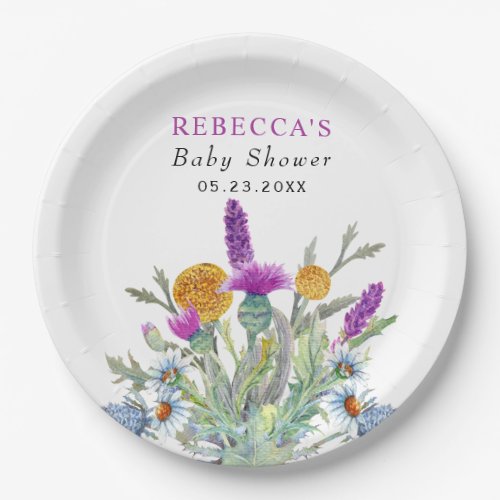 Watercolor wildflower Spring green Baby Shower Paper Plates