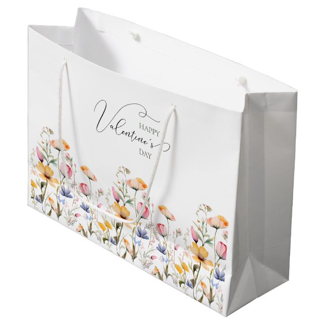 Watercolor Wildflower Spring Meadow Valentines Day Large Gift Bag (Front Angled)