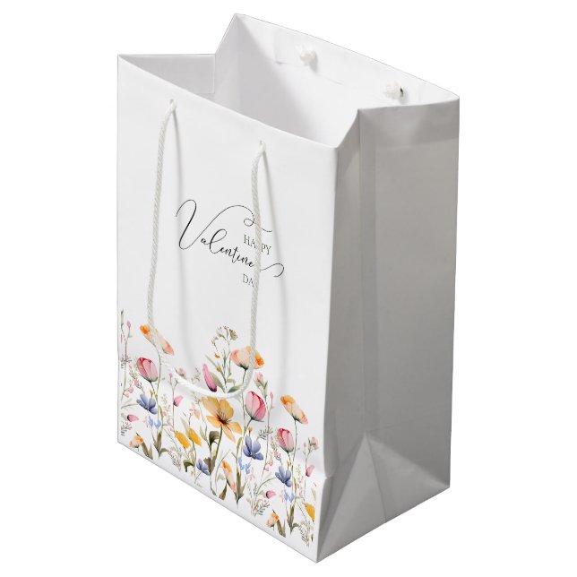 Watercolor Wildflower Spring Meadow Valentines Day Medium Gift Bag (Front Angled)