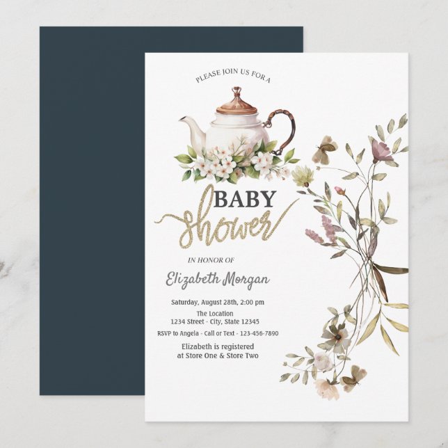 Watercolor Wildflower Tea Pot Baby Shower Invitation (Front/Back)