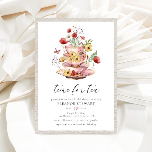 Watercolor Wildflower Time For Tea Bridal Shower Invitation