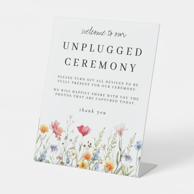 Watercolor Wildflower Unplugged Ceremony Wedding Pedestal Sign (Front)