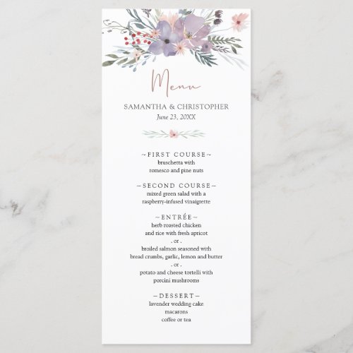 Watercolor Wildflower Violet Copper Wedding Menu