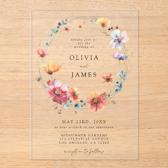 Watercolor Wildflower Wedding Acrylic Invitations (Front)
