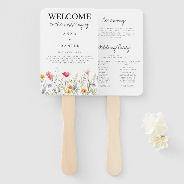 Watercolor Wildflower Wedding Hand Fan (Front and Back)