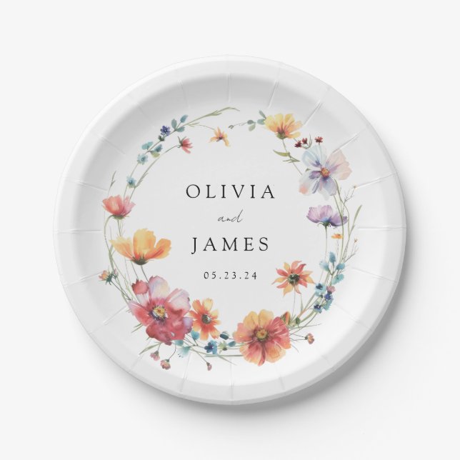 Watercolor Wildflower Wedding Paper Plates (Front)