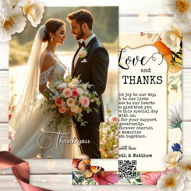 Watercolor Wildflower Wedding Photo Thank You Card (Wedding photo Thank You card with a whimsical watercolor wildflower design with butterflies and sun)