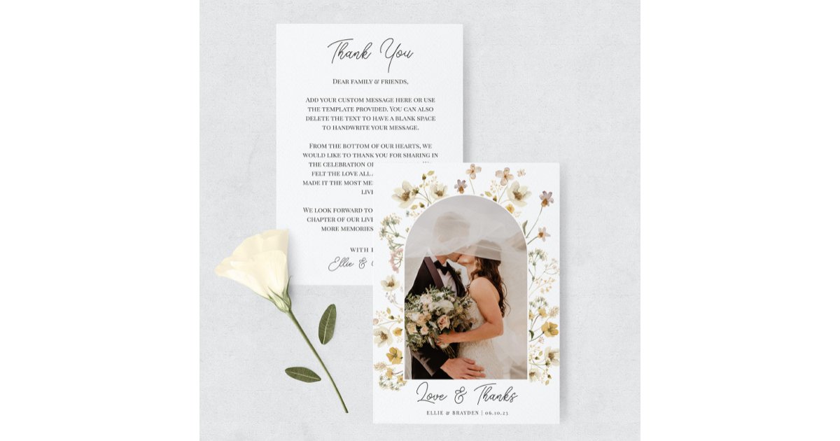 Watercolor Wildflower Wedding Photo Thank You Card | Zazzle