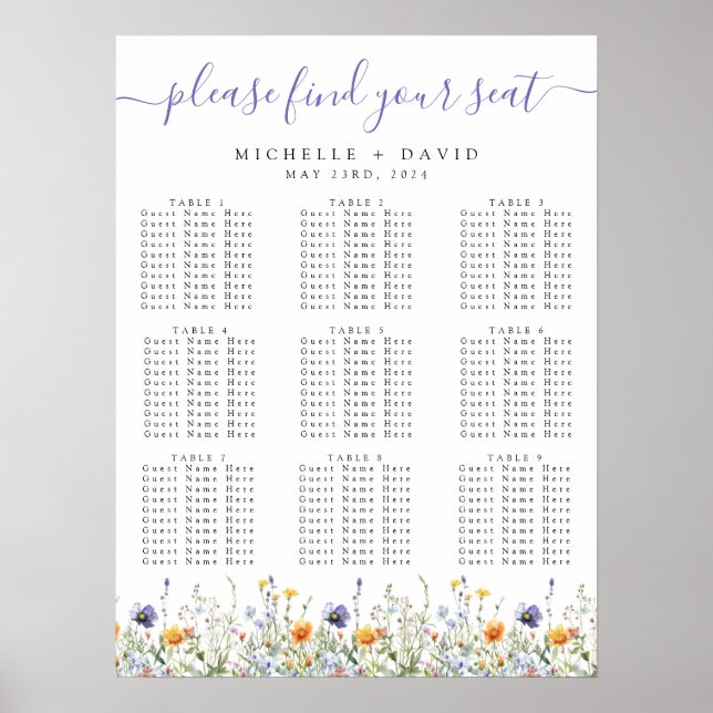 Watercolor Wildflower Wedding Seating Chart (Front)