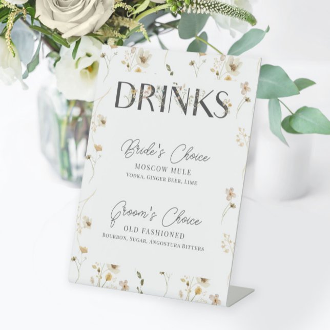 Watercolor Wildflower Wedding Signature Drinks Pedestal Sign (Creator Uploaded)