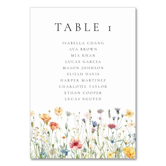 Watercolor Wildflower Wedding  Table Number (Front)