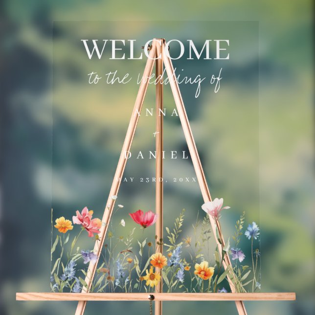 Watercolor Wildflower Wedding Welcome Acrylic Sign (Neutral)