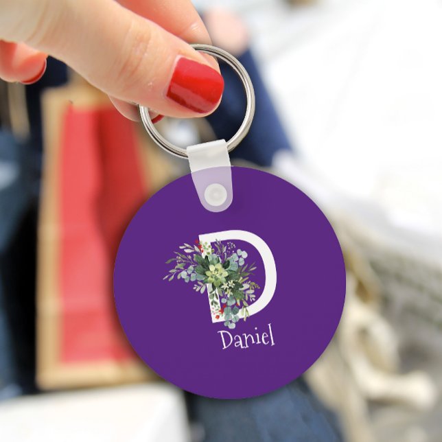 Watercolor wildflower white monogram purple keychain (Creator Uploaded)