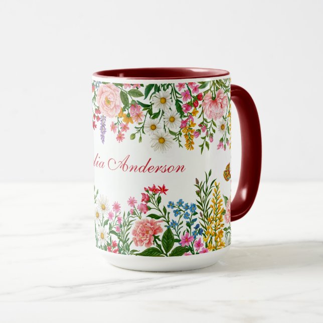 Watercolor Wildflower White with Custom Name Mug (Front Right)