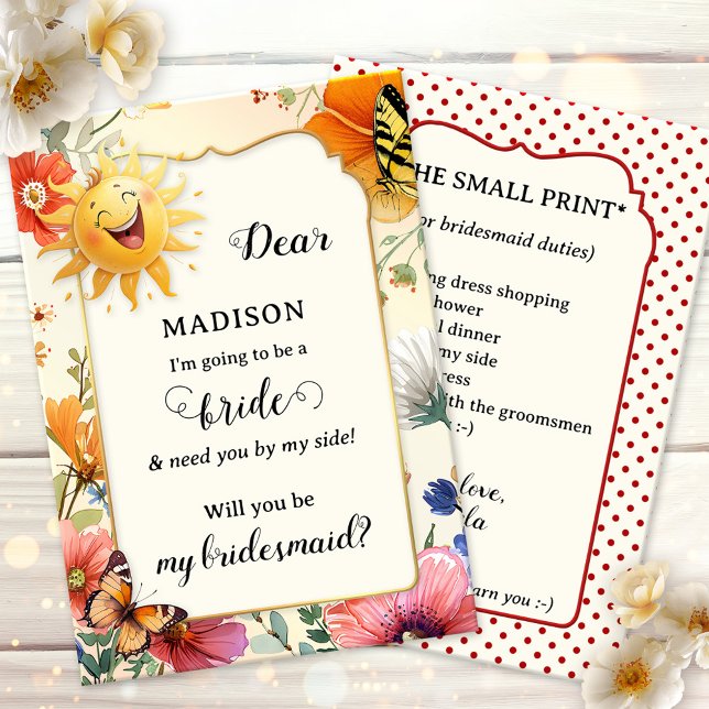 Watercolor Wildflower Will you be my Bridesmaid Note Card (Bridesmaid invitation card featuring a whimsical watercolor wildflower design with laughing sun)