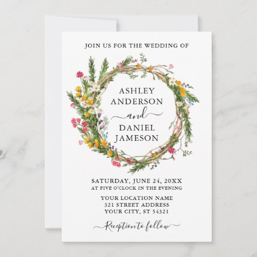 Watercolor Wildflower Wood Wreath Wedding Invitation