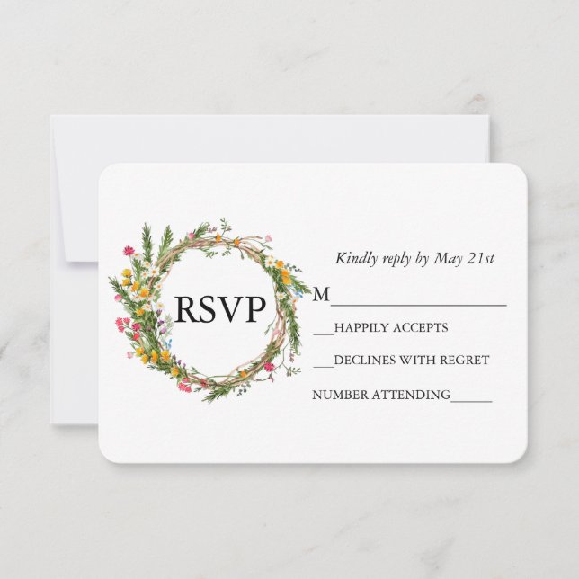 Watercolor Wildflower Wood Wreath Wedding RSVP Card (Front)