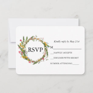 Watercolor Wildflower Wood Wreath Wedding RSVP Card