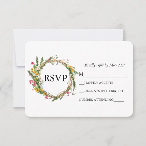 Watercolor Wildflower Wood Wreath Wedding RSVP Card