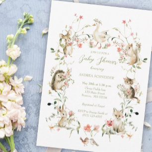 Watercolor Wildflower Woodland Animals Baby Shower Invitation
