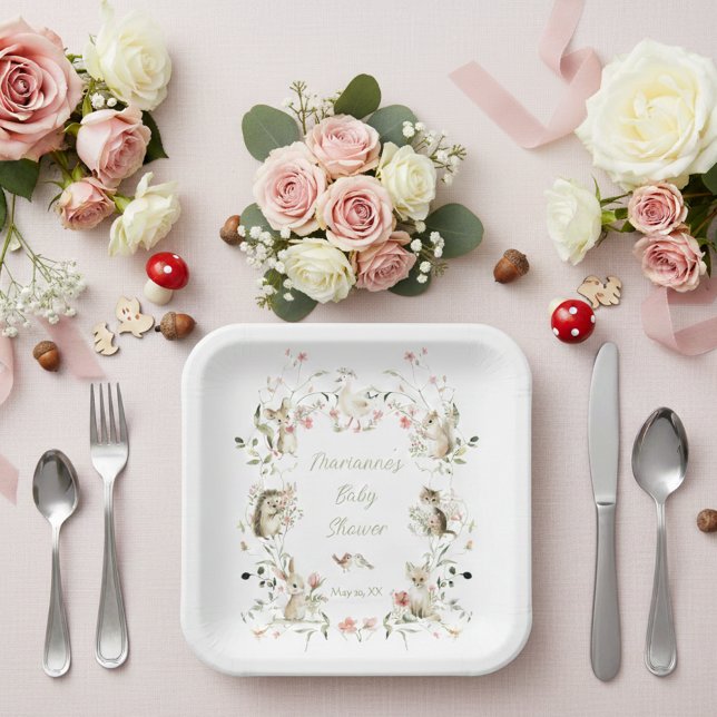 Watercolor Wildflower Woodland Animals Baby Shower Paper Plates (Creator Uploaded)