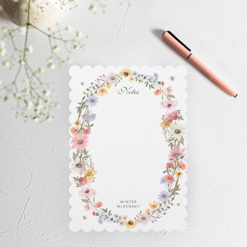 Watercolor Wildflower Wreath Bee Personalized Name Note Card