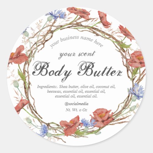 watercolor wildflower wreath body butter classic round sticker