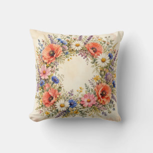 Watercolor Wildflower Wreath Cottage Garden Throw Pillow
