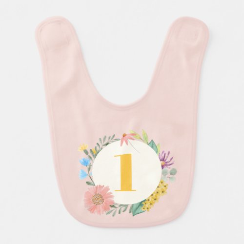 Watercolor Wildflower Wreath First Birthday Baby Bib