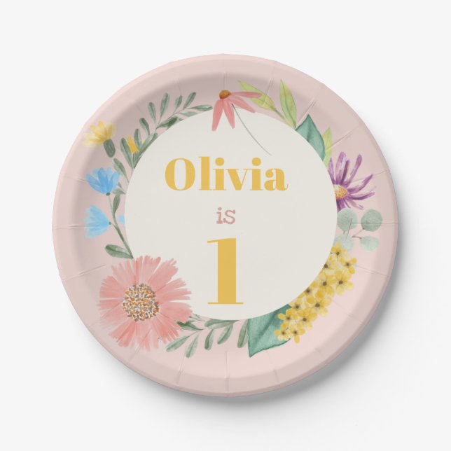 Watercolor Wildflower Wreath First Birthday Paper Plates (Front)