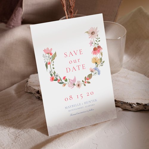 Watercolor Wildflower Wreath  Lace Save The Date