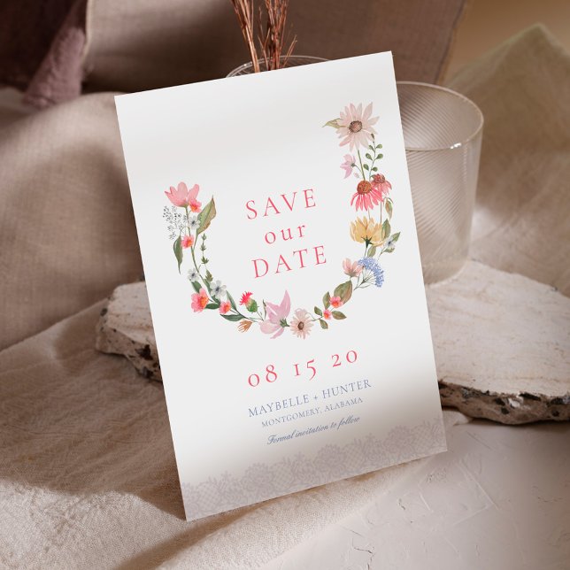 Watercolor Wildflower Wreath & Lace Save The Date (Watercolor Wildflower Wreath & Lace Save The Date)