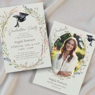 Watercolor Wildflower Wreath photo graduation Invitation