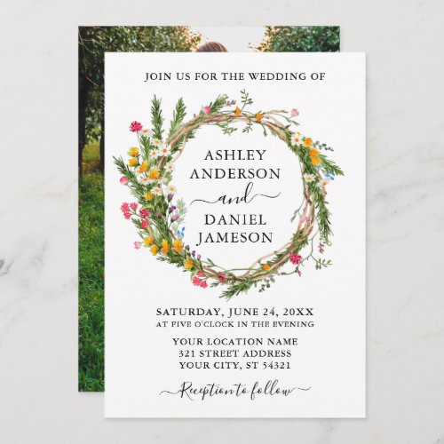 Watercolor Wildflower Wreath Photo Wedding Invitation